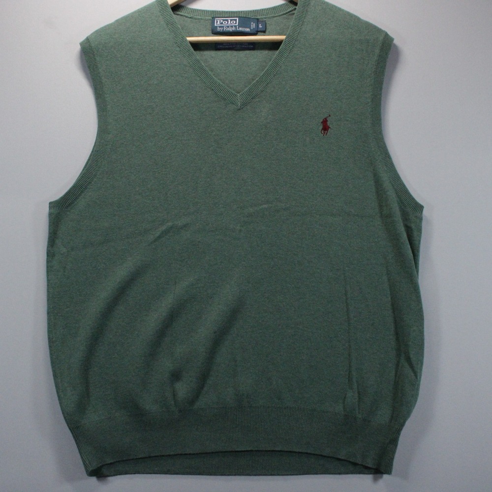 Polo Ralph Lauren Mens L Green Soft Pima Cotton V-Neck Sweater Vest Red Pony